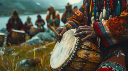 Group of people in traditional clothes playing drums in the middle of nature.