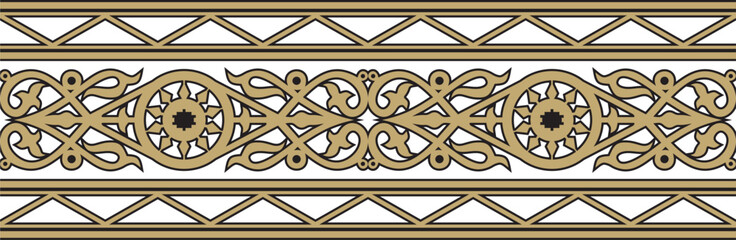Vector gold and black seamless Yakut ornament. Endless border, frame of the northern peoples of the Far East
