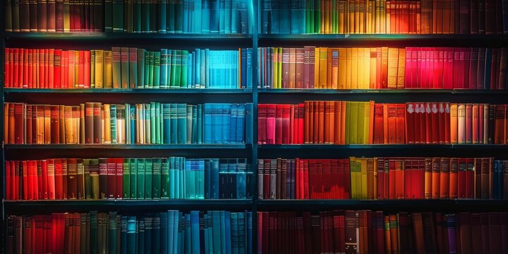 a bookshelf lined with books, books with colorful bindings on bookshelves in modern style. library wall with bright rainbow books with cozy backlight