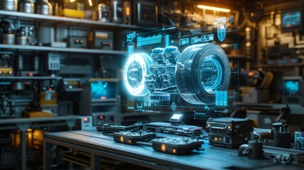 A futuristic workshop with a holographic projection of a mechanical part.  The image depicts innovation and technology.