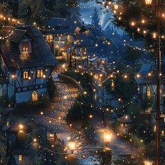 Obraz premium A picturesque village illuminated by the soft glow of street lamps and twinkling fairy lights at magical midnight, capturing the enchanting atmosphere, ideal for travel magazines and holiday brochures
