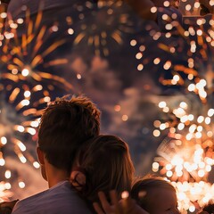 Close-up of a family watching dazzling fireworks from a beach, their faces lit up by the brilliant bursts, ideal for holiday magazines and lifestyle photography