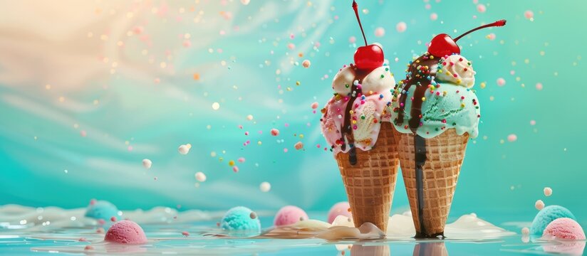 Ice Cream Float: Three scoops of ice cream perched on an ice cream cone, crowned with a cherry, drizzled in chocolate syrup, and surrounded by candy sprinkles. Set against a backdrop of blue