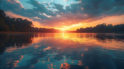A serene sunset over a lake, with the sky transitioning from orange to blue, reflecting on the...