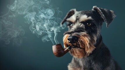 Surreal Portrait of a Handsome Miniature Schnauzer Smoking a Fragrant Pipe in a Studio Setting
