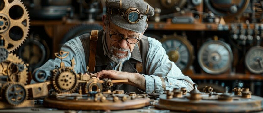 A senior man meticulously works on a complex, wooden mechanism in a workshop filled with antique gears and clocks.