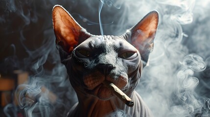Surreal of a Sphynx Cat Smoking a Joint on a Plain Background