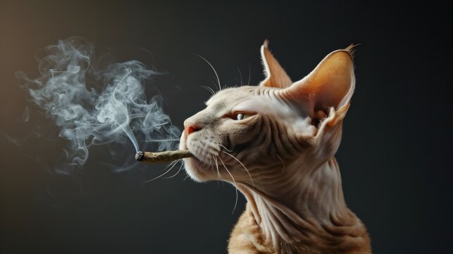 Surreal of Mischievous Devon Rex Cat Smoking on Plain Background