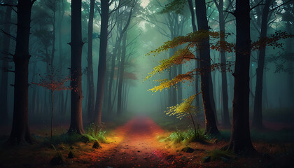 Abstract painting art style image of a forest with colorful lights and bokeh, colorful fog and lights landscape
