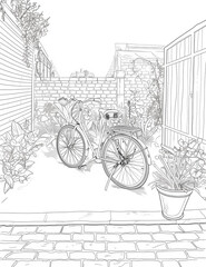 Old bicycle in the backyard - Coloring Pages: Printable Transportation Line Art for All Ages - Black and white - Simple Patterns - Coloring Pages for All Ages - Coloring Page for Adults 
