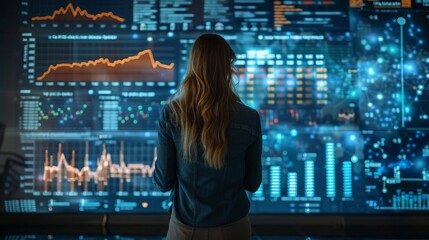 A woman stands in front of a large screen displaying complex data visualizations, analyzing trends and insights.