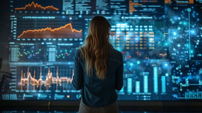 A woman stands in front of a large screen displaying complex data visualizations, analyzing trends and insights.