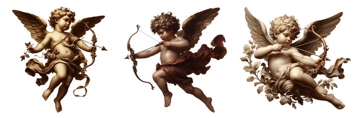 vintage romantic illustration of a cherub or cupid with bow and arrow isolated on a transparent background, generative ai	

