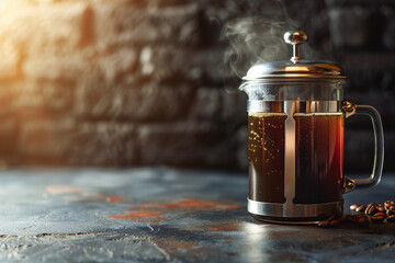 Explore the elegant simplicity of the French press brewing method, capturing the timeless ritual of steeping coffee grounds in hot water.