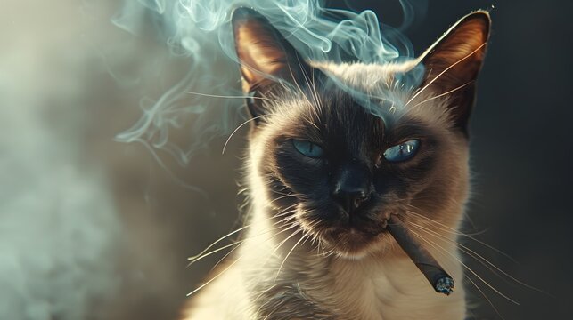 Surreal of a Balinese Cat Smoking Cheroot in a Studio Setting