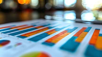 Close-up of a colorful business graph and pie charts on a desk.  The image represents data analysis and financial planning.