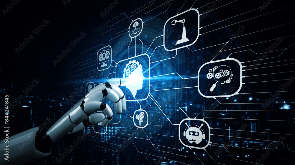 Poster mlp artificial intelligence ai research of robot and cyborg development for future of people living.