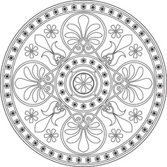 Vector black monochrome classic Greek round outline ornament. Circle of Ancient Greece and the Roman Empire. Byzantine painting of walls, floors and ceilings. Decoration of European palaces