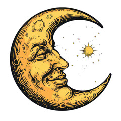 Jolly mans face illustrated as the moon, full of laughter and charm, on solid white background, single object