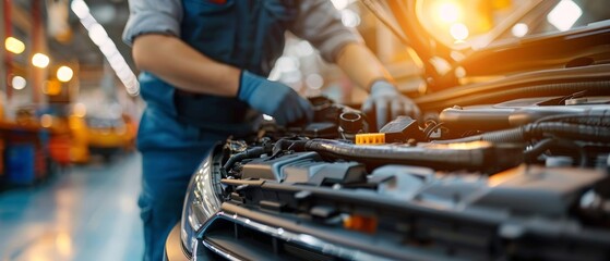 Mechanic inspecting a car engine in a garage.