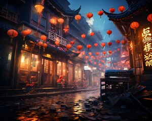 Chinese lanterns in a street at night, 3D rendering.