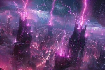 Obraz premium Neon fueled Futuristic Cityscape Abounds with Vibrant Energy and Plasma Surges