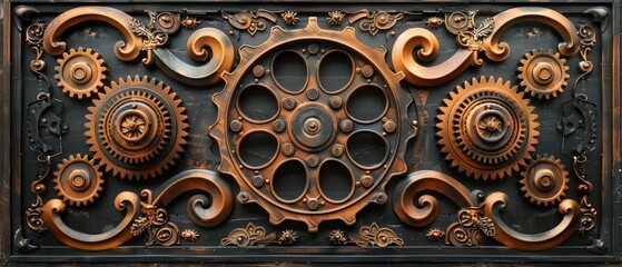 Steampunk-inspired design with intricate gears and ornate patterns.
