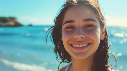 Portrait of a happy, beautiful young woman smiling at the beach side. Delightful girl enjoying a sunny day out, with a serene blue background.