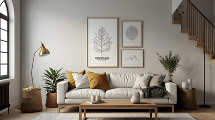 Frame mockup, Living room poster mockup, Interior mockup with house white background,  Modern interior design. 3D render, Mock up poster frame, ISO A paper size