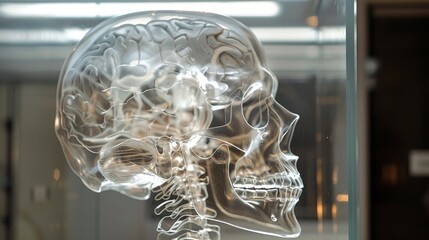 A detailed x-ray of a real person's head, showing transparent skull bones, brain structures, and sinuses, displayed on a light panel in a neurosurgery center.