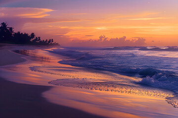 Tranquil Sunset at Tropical Beach Reflecting a Peaceful Golden Hour