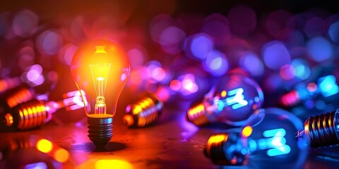 Bright lightbulb stands out among dark off ones symbolizing creativity and solutions. Concept Creativity, Solutions, Lightbulb, Dark, Stand Out