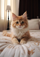 cute orange tabby cat sitting on the bed