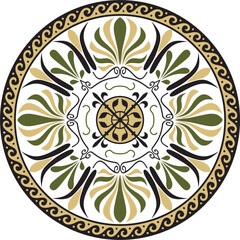 Vector colored classic Greek round ornament. Circle of Ancient Greece and the Roman Empire. Byzantine painting of walls, floors and ceilings. Decoration of European palaces