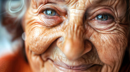 Sweetest granny in the world. close-up of a smiling elderly woman with wrinkles around her eyes and mouth.