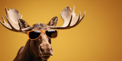 Moose with Sunglasses on a Solid Background, Featuring Ample Copy Space
