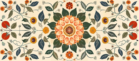 Zinnia flower in oriental carpet pattern with date plant and rich textures. Art concept