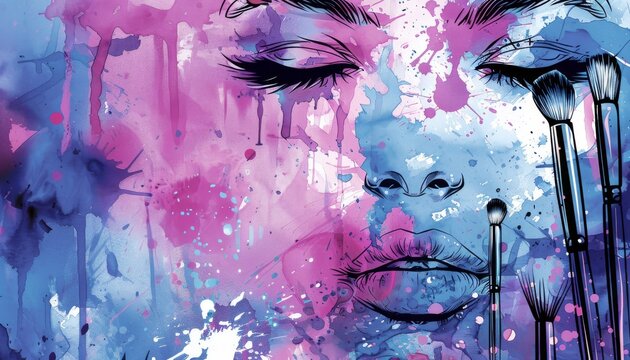 A woman's face with makeup on it and a brush in her hand