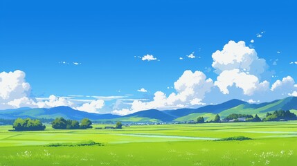 Fototapeta premium Peaceful Summer Landscape with Green Fields and Blue Skies