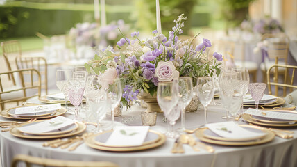 Wedding table decoration with lavender flowers, sweets and cake