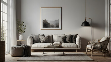 Frame mockup, Living room poster mockup, Interior mockup with house white background,  Modern interior design. 3D render, Mock up poster frame, ISO A paper size