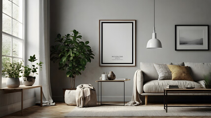 Fototapeta premium Frame mockup, Living room poster mockup, Interior mockup with house white background, Modern interior design. 3D render, Mock up poster frame, ISO A paper size