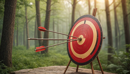 Goal concept three arrows hits the bullseye on an archery target