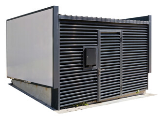 Empty billboard  placed on the wall of a transformer electrical shed isolated