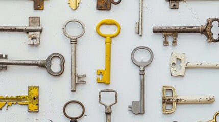 Pattern of old keys seen from above including a white and yellow metal door key