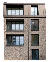 Modern three-story house made of decorative bricks isolated