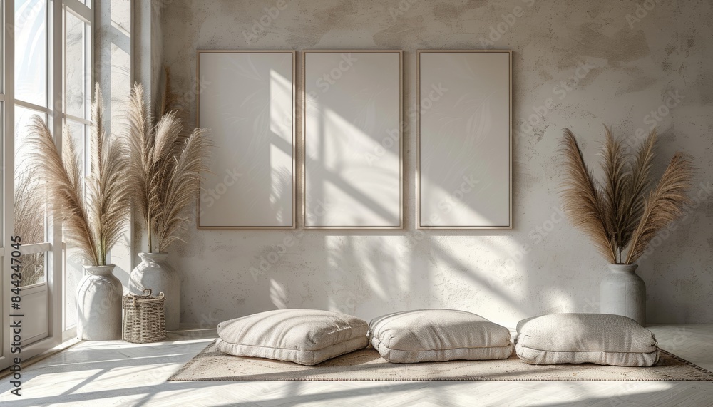 Poster a white room with three empty frames on the wall and three pillows on the floor