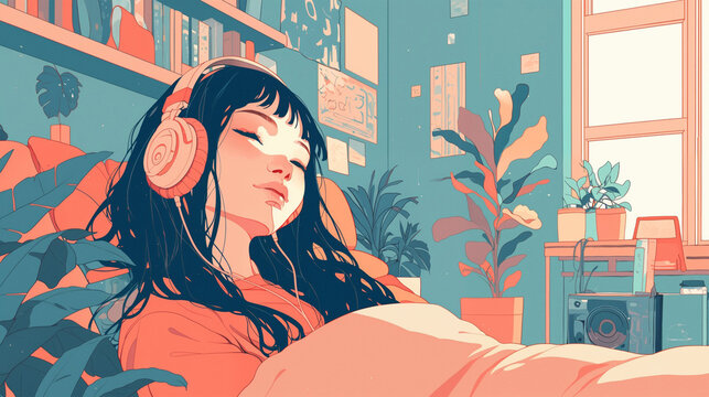 ヘッドフォンで音楽を聴きながら眠る女性