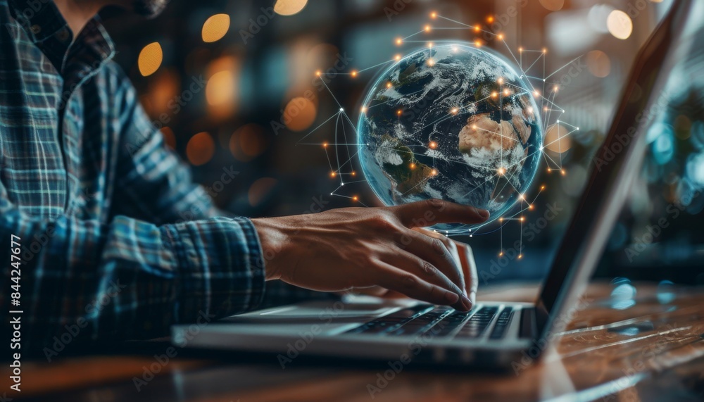 Poster a man is typing on a laptop with a globe on the screen