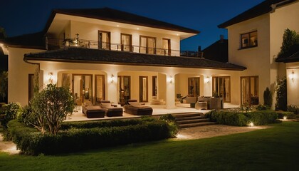 Beautiful modern farmhouse style luxury home exterior at twilight